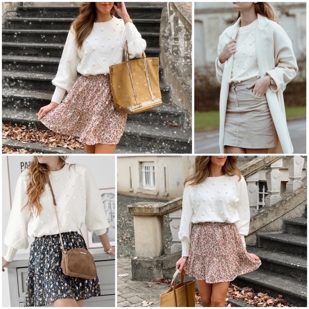 White Pom Pom Bishop Sleeve Pullover Sweater - Picture 2 of 8